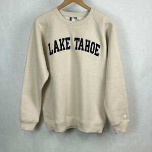 NEW Lake Tahoe Sweatshirt Unisex Sz Medium Beige Cream Spellout Navy Blue Crew N